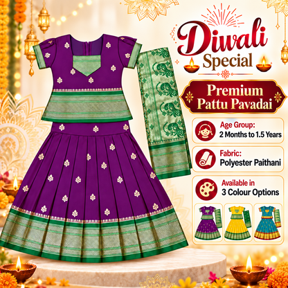 Girls Royal Purple Pattu Pavadai Lehenga Set with Green Dupatta | Premium Baby Girls Festive & Wedding Wear