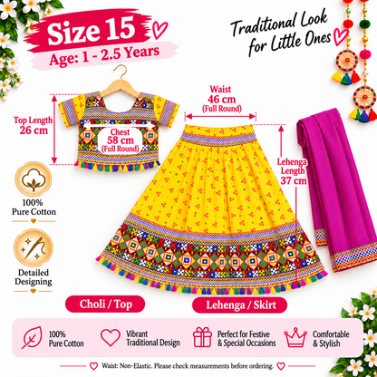 Girls Yellow Pure Cotton Ghagra Choli Set with Rani Pink Dupatta – Traditional Navratri Lehenga