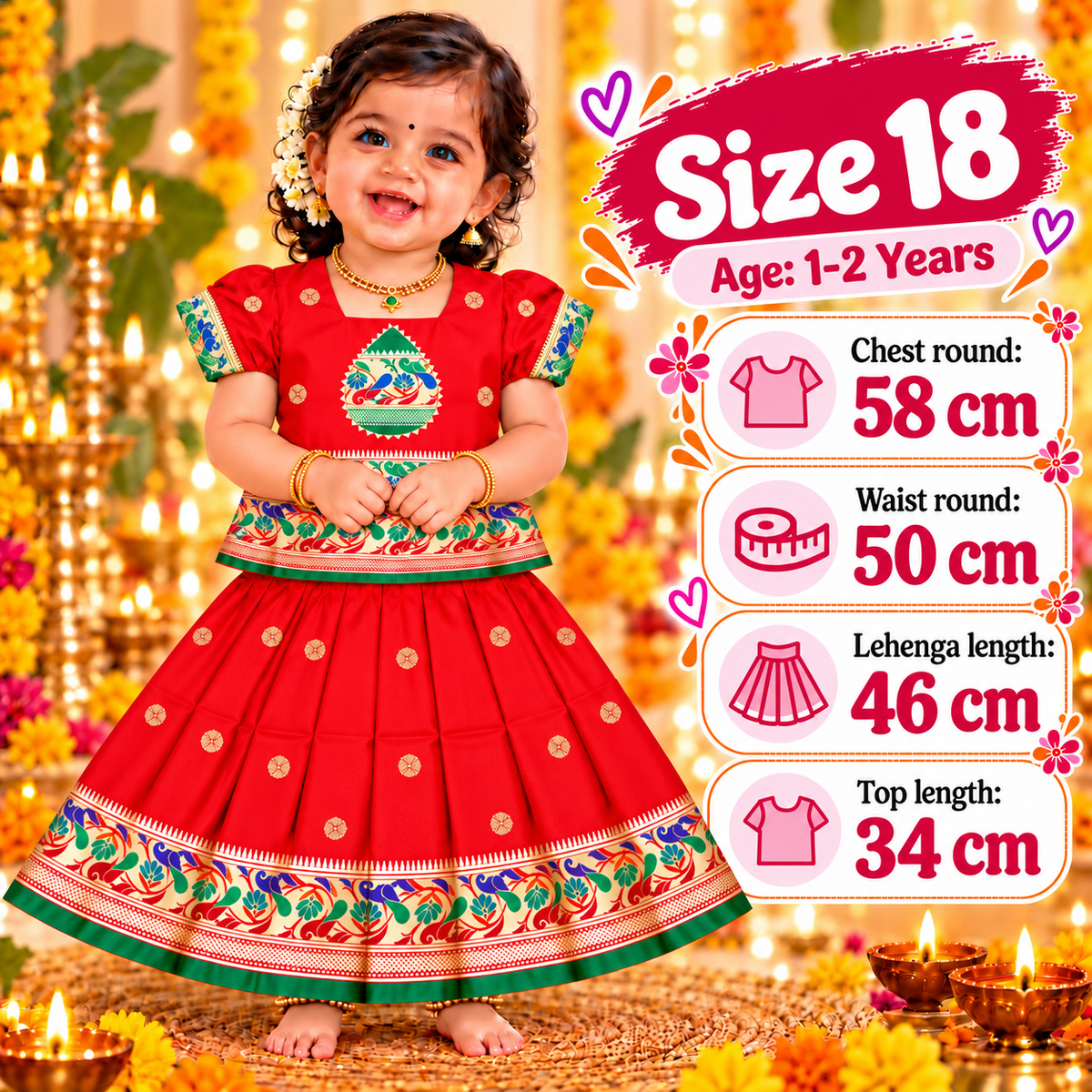 Girls Bright Red Traditional Pattu Pavadai Lehenga Choli Set | Designer Festive & Wedding Dress