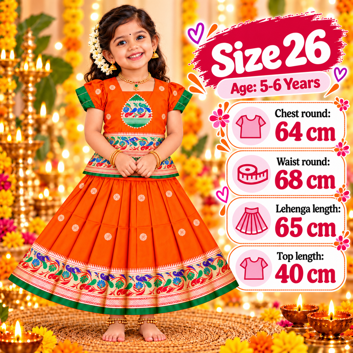 Girls Orange Peacock Design Pattu Pavadai Lehenga Set | Traditional Indian Festive & Wedding Wear