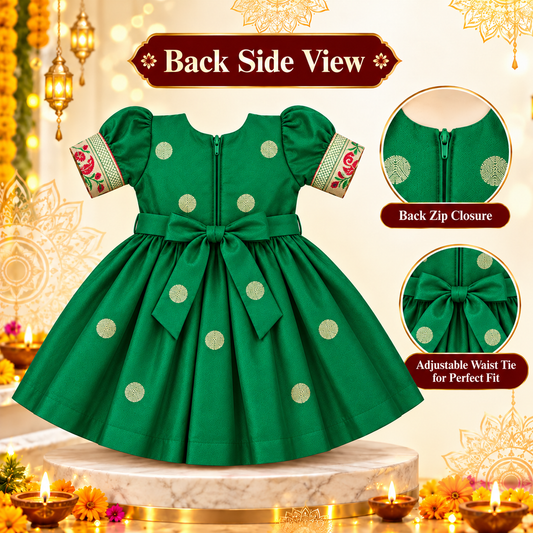 Girls Emerald Green Floral Peacock Border Frock with Pink Collar | Baby Girls Ethnic Festive Dress