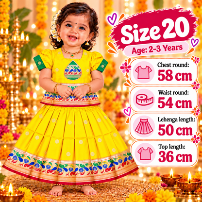 Girls Sunshine Yellow Pattu Pavadai Ethnic Skirt Set | Colourful Peacock Border Festive Dress