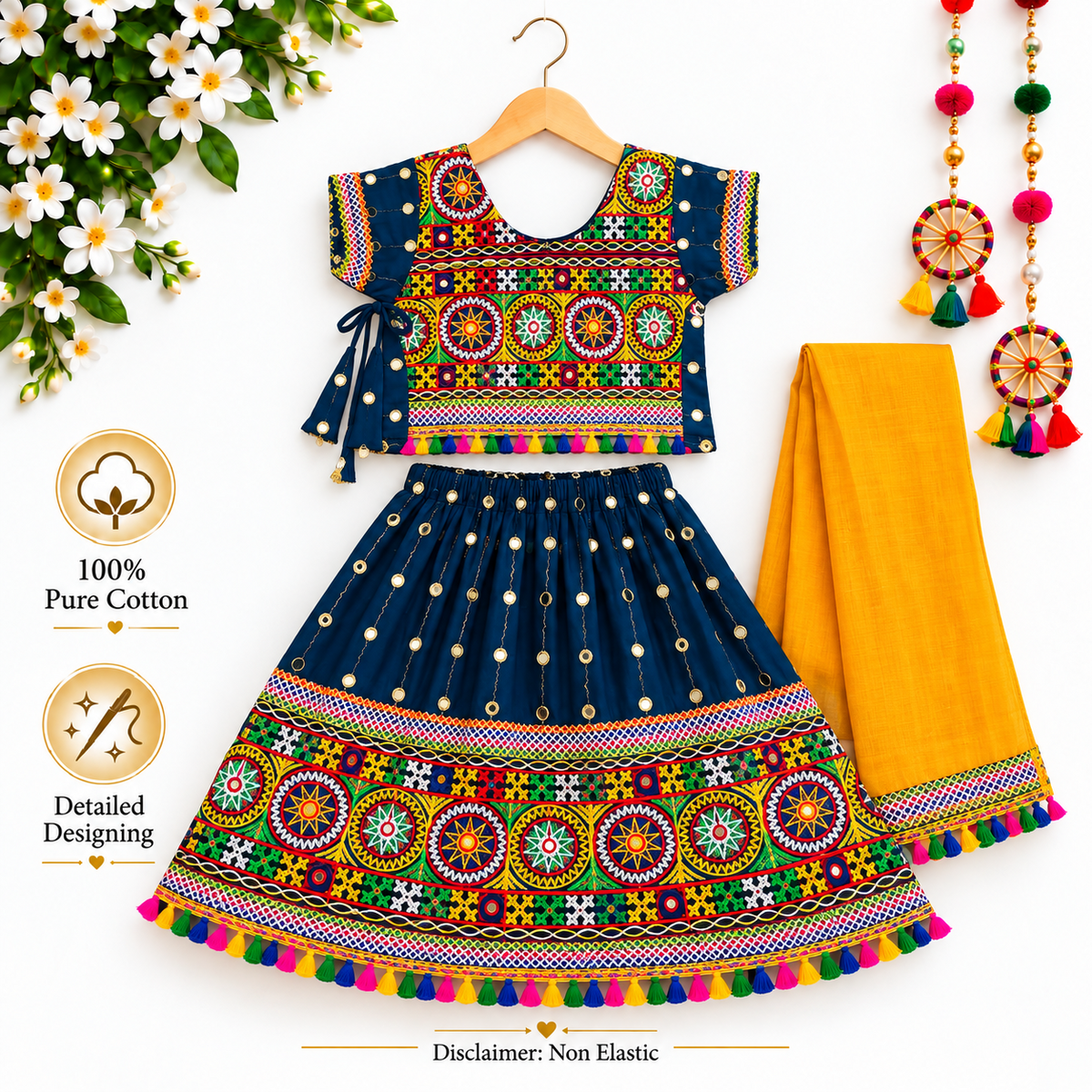Girls Navy Blue Traditional Lehenga Choli Set with Mustard Yellow Dupatta – 100% Pure Cotton