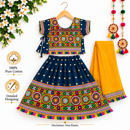 Girls Navy Blue Traditional Lehenga Choli Set with Mustard Yellow Dupatta – 100% Pure Cotton