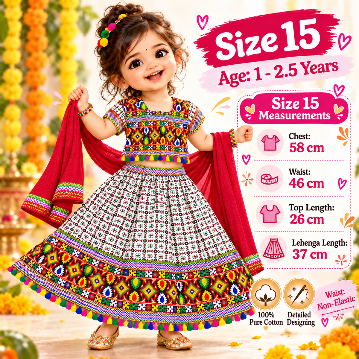 Girls White Multicolor Pure Cotton Garba Lehenga Choli Set with Red Dupatta