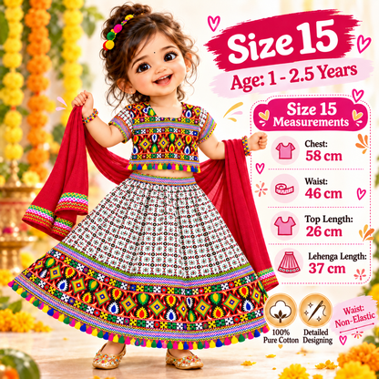 Girls White Multicolor Pure Cotton Garba Lehenga Choli Set with Red Dupatta
