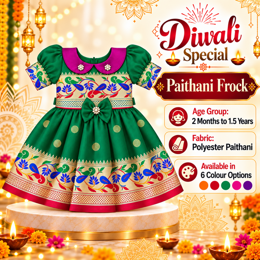 Girls Emerald Green Floral Peacock Border Frock with Pink Collar | Baby Girls Ethnic Festive Dress
