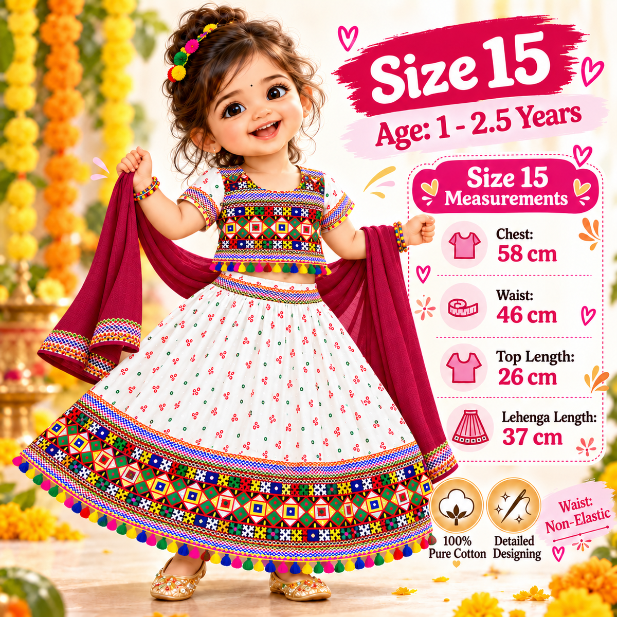 Girls White Pure Cotton Ghagra Choli Set with Maroon Dupatta – Traditional Navratri Lehenga