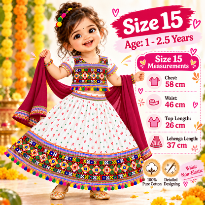 Girls White Pure Cotton Ghagra Choli Set with Maroon Dupatta – Traditional Navratri Lehenga