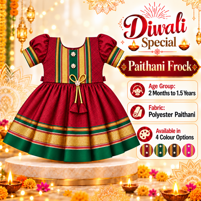 Girls Maroon Royal Paithani Frock with Golden Zari-Style Border | Traditional Indian Wedding & Festive Dress