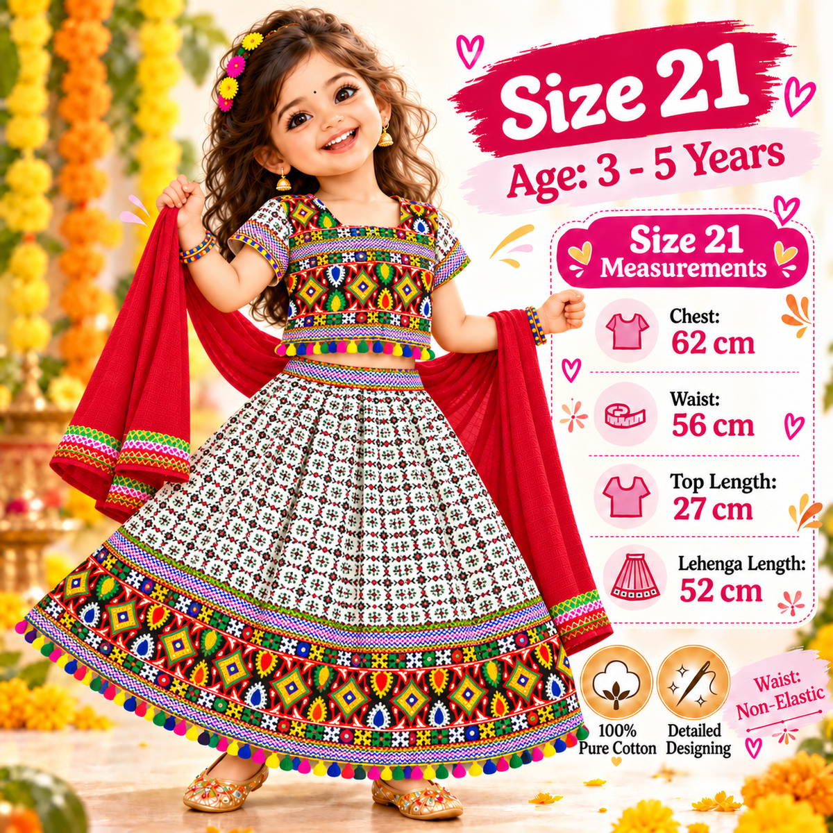 Girls White Multicolor Pure Cotton Garba Lehenga Choli Set with Red Dupatta