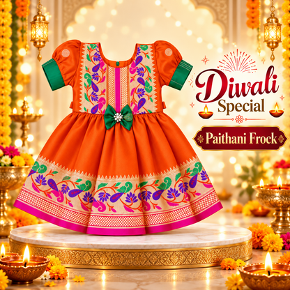 Girls Orange Paithani Frock Dress | Traditional Indian Ethnic Wear | Diwali & Festive Special