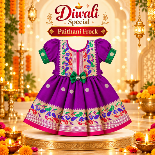Girls Purple Paithani Frock Dress | Traditional Indian Ethnic Wear | Diwali & Party Wear