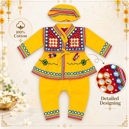 Boys Traditional Kutchi Mirror Work Kurta Pant Set with Cap – 100% Cotton
