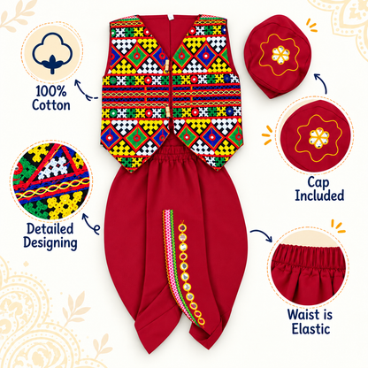 Boys Maroon Traditional Kutchi Embroidered Jacket Dhoti Set with Cap – 100% Cotton