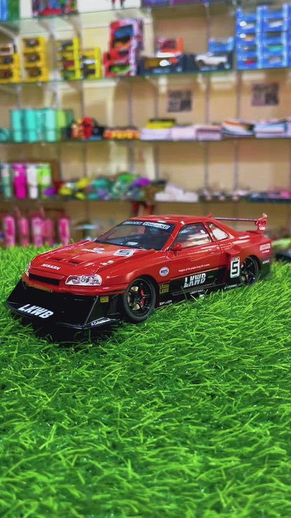 Nissan Skyline GT-R R34 Liberty Walk 1:24 Scale Diecast Model Car – Metallic Red | Pull Back, Light, Sound & Openable Doors